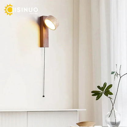 Wabi Sabi Style Natural Yellow Travertine Stone Wall Lamp Rotable With Pull Chain Switch LED Walnut Wood Decor Light for Bedroom