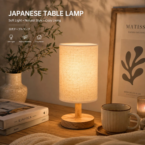 Japandi Table Lamp with Linen Shade Wooden Accent Lamp Cozy Warm LED Bedside Light for Reading Nook Bedroom Living Room Home Dec
