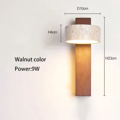 Wabi Sabi Style Natural Yellow Travertine Stone Wall Lamp Rotable With Pull Chain Switch LED Walnut Wood Decor Light for Bedroom