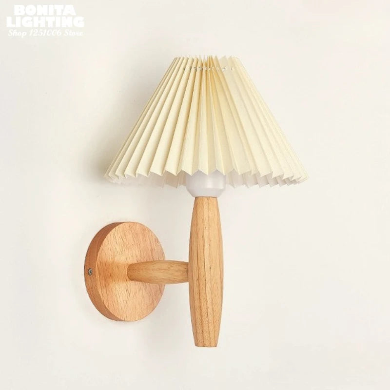 Wabi-Sabi Wall Lamp with Pleated Shade & Solid Wood Base - Aesthetic Bedside Light for Cozy Bedroom, Cafe, Living Room