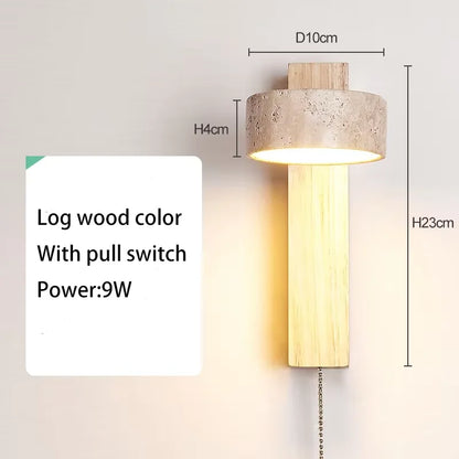 Wabi Sabi Style Natural Yellow Travertine Stone Wall Lamp Rotable With Pull Chain Switch LED Walnut Wood Decor Light for Bedroom