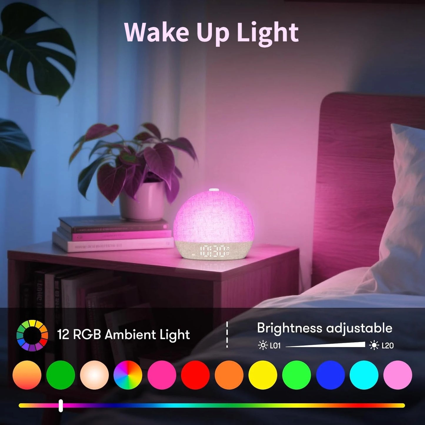 Wake‑Up Light Alarm Clock Sunrise Simulation RGB Night Lamp White Noise Sound Machine Dimmable Digital Clock Snooze Sleep Timer