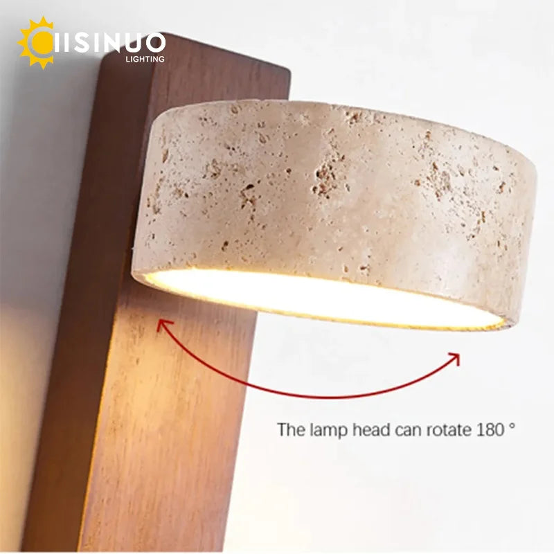 Wabi Sabi Style Natural Yellow Travertine Stone Wall Lamp Rotable With Pull Chain Switch LED Walnut Wood Decor Light for Bedroom