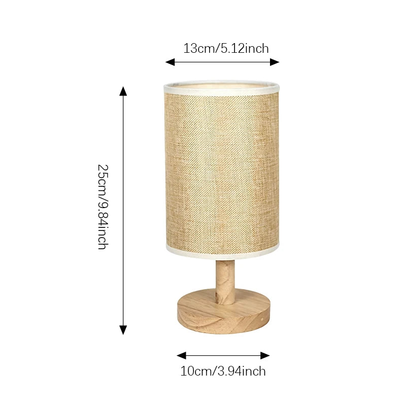 Japandi Table Lamp with Linen Shade Wooden Accent Lamp Cozy Warm LED Bedside Light for Reading Nook Bedroom Living Room Home Dec