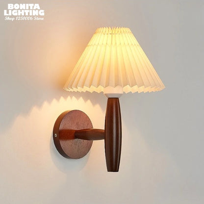 Wabi-Sabi Wall Lamp with Pleated Shade & Solid Wood Base - Aesthetic Bedside Light for Cozy Bedroom, Cafe, Living Room
