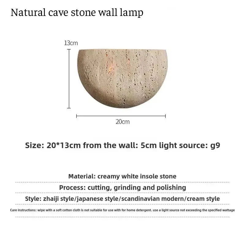 Natural Travertine Wall Lamp LED Semi Circle Wall Sconce Wabi-Sabi Art Wall Lighting For Living Room Dining Room Bedroom Decor