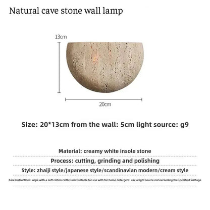 Natural Travertine Wall Lamp LED Semi Circle Wall Sconce Wabi-Sabi Art Wall Lighting For Living Room Dining Room Bedroom Decor