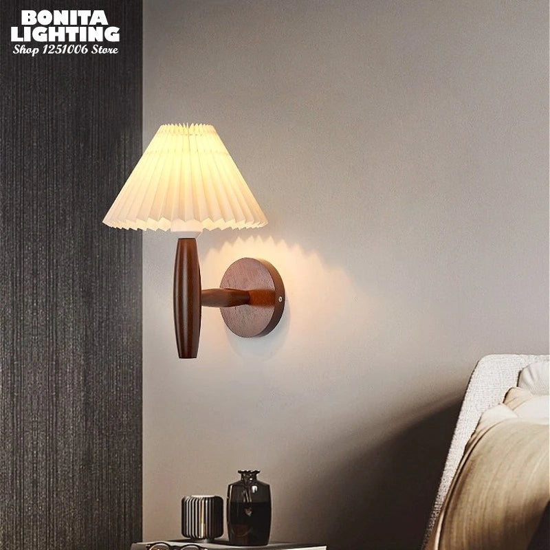 Wabi-Sabi Wall Lamp with Pleated Shade & Solid Wood Base - Aesthetic Bedside Light for Cozy Bedroom, Cafe, Living Room