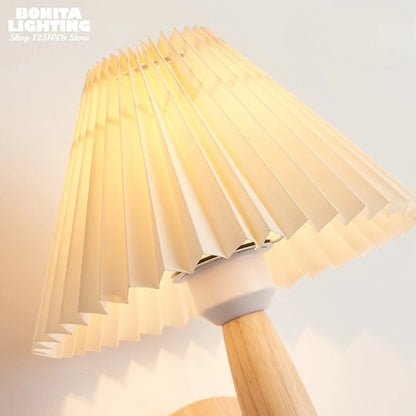Wabi-Sabi Wall Lamp with Pleated Shade & Solid Wood Base - Aesthetic Bedside Light for Cozy Bedroom, Cafe, Living Room