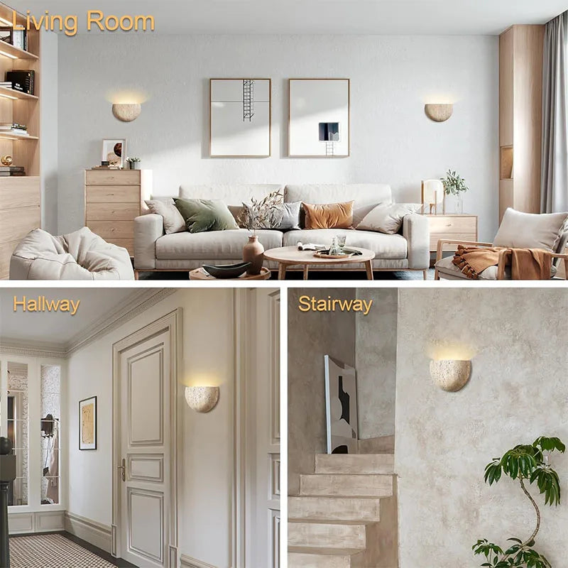 Natural Travertine Wall Lamp LED Semi Circle Wall Sconce Wabi-Sabi Art Wall Lighting For Living Room Dining Room Bedroom Decor