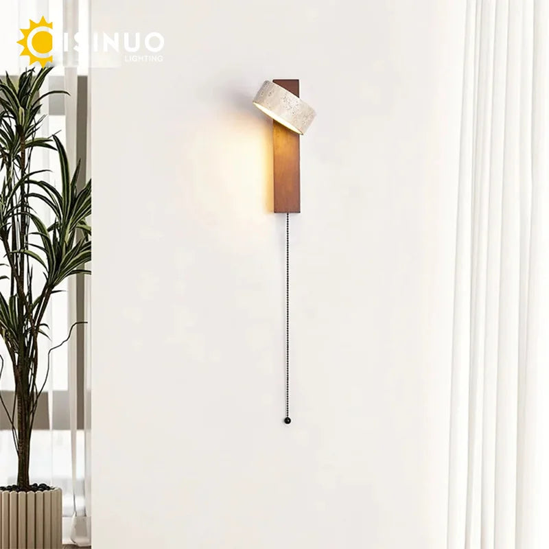 Wabi Sabi Style Natural Yellow Travertine Stone Wall Lamp Rotable With Pull Chain Switch LED Walnut Wood Decor Light for Bedroom