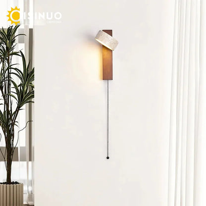 Wabi Sabi Style Natural Yellow Travertine Stone Wall Lamp Rotable With Pull Chain Switch LED Walnut Wood Decor Light for Bedroom