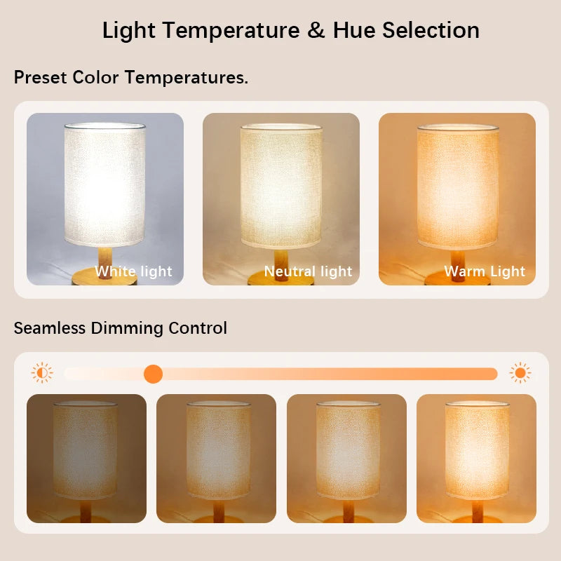 Japandi Table Lamp with Linen Shade Wooden Accent Lamp Cozy Warm LED Bedside Light for Reading Nook Bedroom Living Room Home Dec