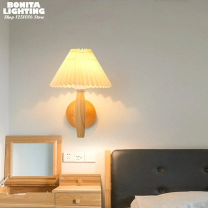 Wabi-Sabi Wall Lamp with Pleated Shade & Solid Wood Base - Aesthetic Bedside Light for Cozy Bedroom, Cafe, Living Room