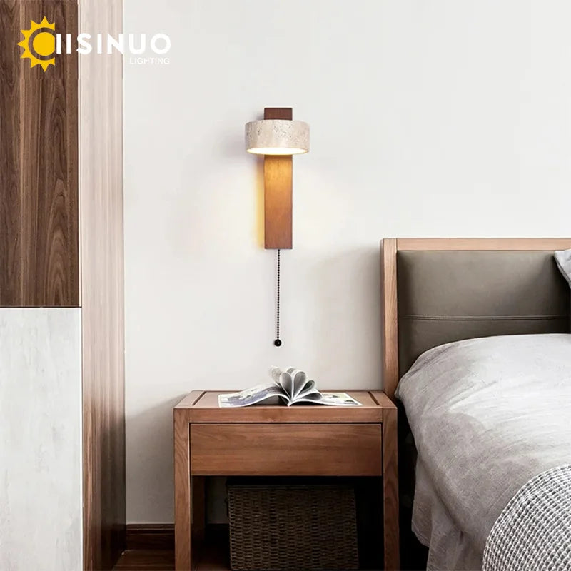 Wabi Sabi Style Natural Yellow Travertine Stone Wall Lamp Rotable With Pull Chain Switch LED Walnut Wood Decor Light for Bedroom