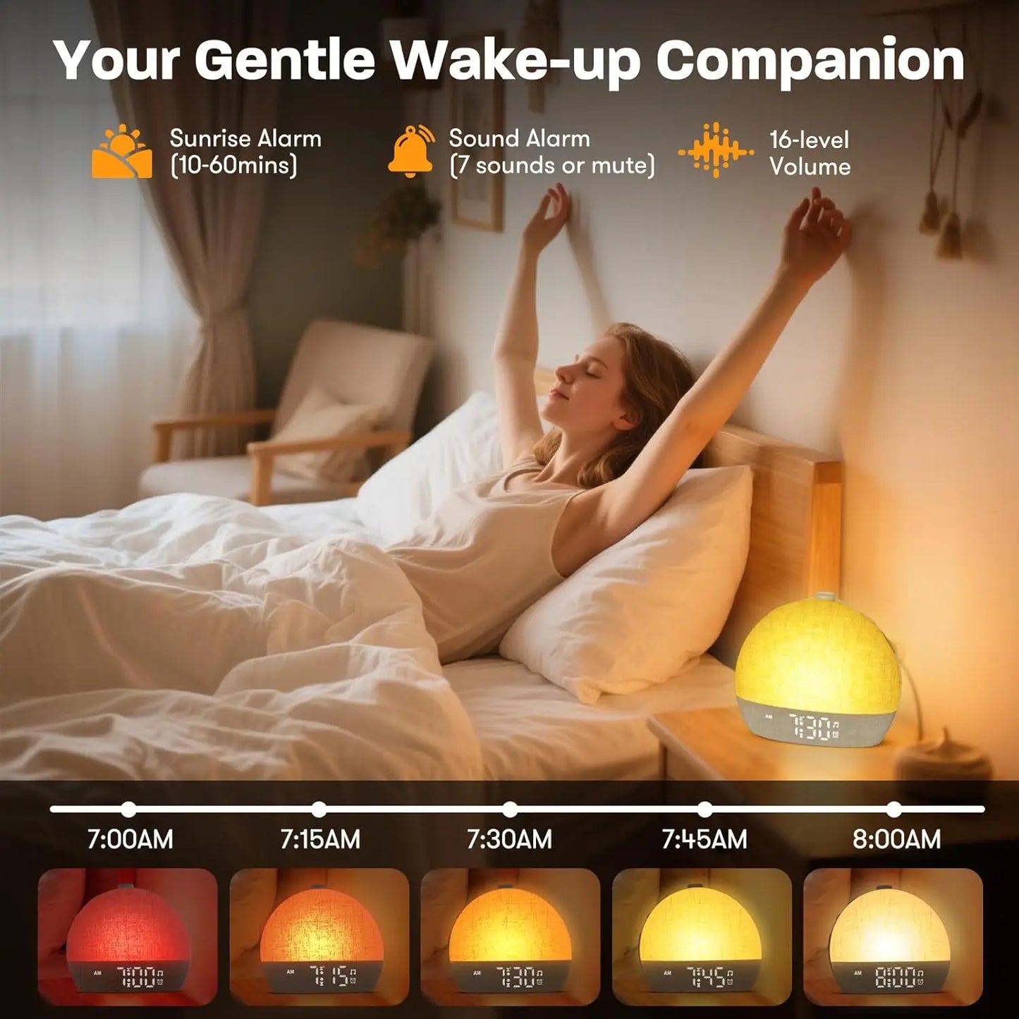 Wake‑Up Light Alarm Clock Sunrise Simulation RGB Night Lamp White Noise Sound Machine Dimmable Digital Clock Snooze Sleep Timer