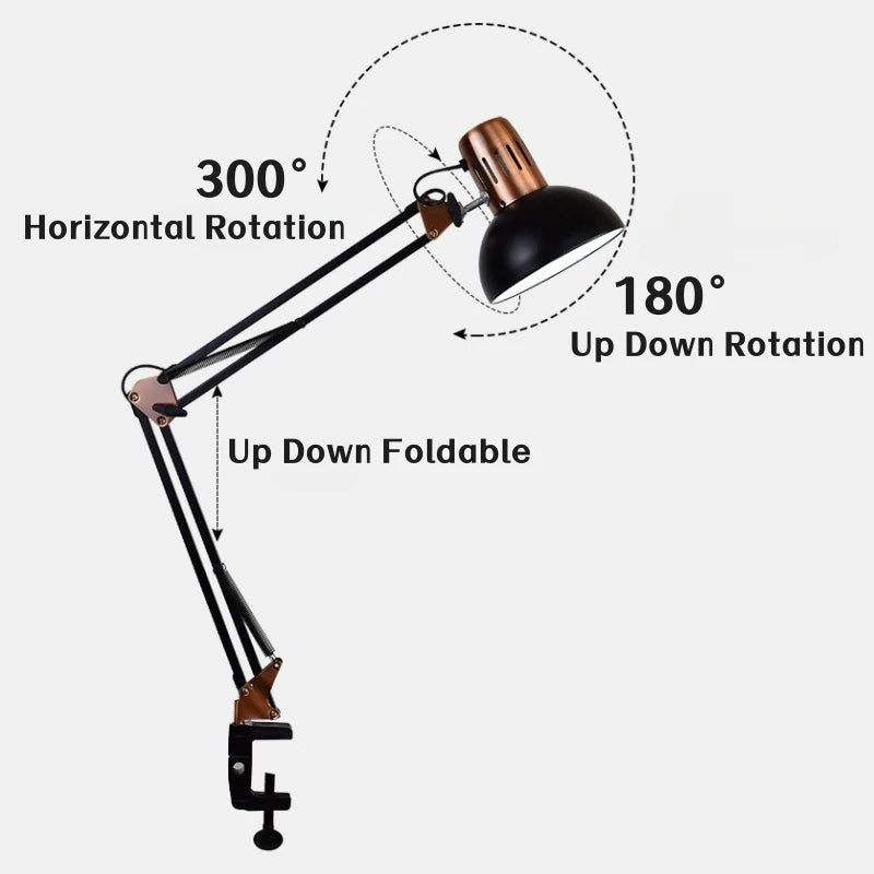 Industrial Foldable LED Table Lamp With Clamp E27 Telescopic Swing Arm Dormitory Reading Lamp Bedside Childern's Room Desk Light