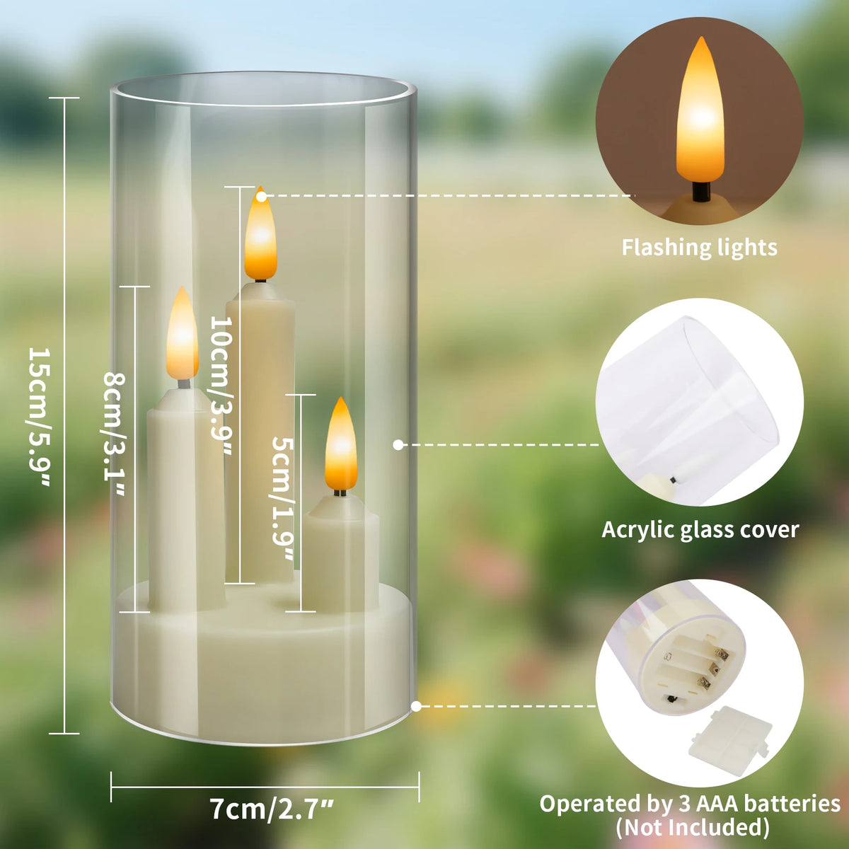 3 In1 Flameless LED Taper Candles Battery