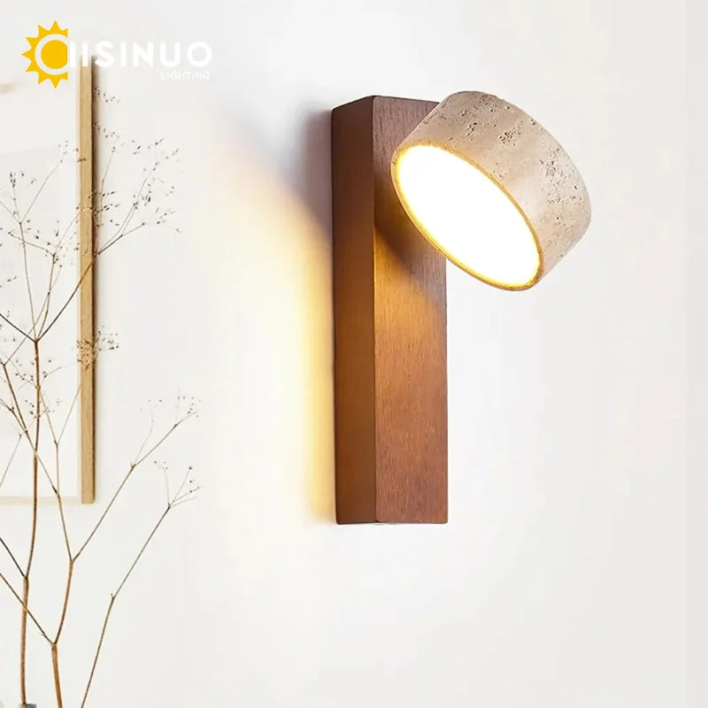 Wabi Sabi Style Natural Yellow Travertine Stone Wall Lamp Rotable With Pull Chain Switch LED Walnut Wood Decor Light for Bedroom