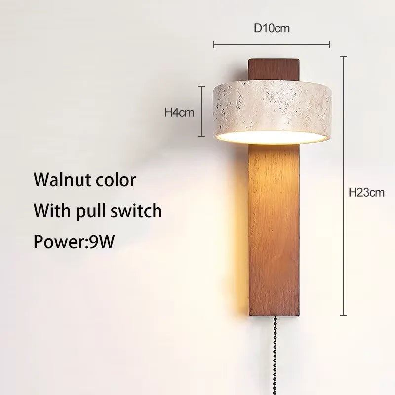 Wabi Sabi Style Natural Yellow Travertine Stone Wall Lamp Rotable With Pull Chain Switch LED Walnut Wood Decor Light for Bedroom