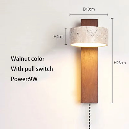 Wabi Sabi Style Natural Yellow Travertine Stone Wall Lamp Rotable With Pull Chain Switch LED Walnut Wood Decor Light for Bedroom