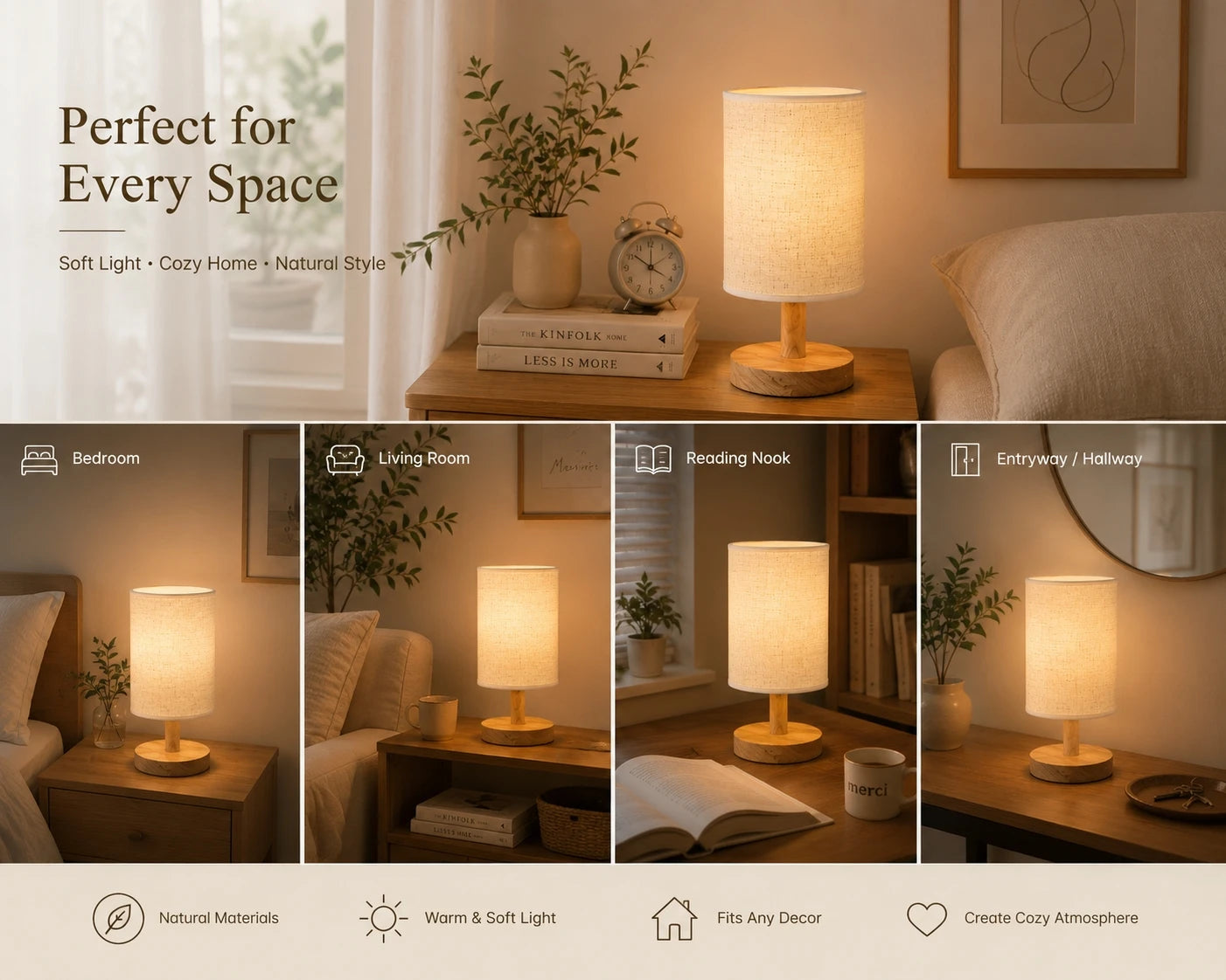 Japandi Table Lamp with Linen Shade Wooden Accent Lamp Cozy Warm LED Bedside Light for Reading Nook Bedroom Living Room Home Dec