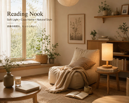 Japandi Table Lamp with Linen Shade Wooden Accent Lamp Cozy Warm LED Bedside Light for Reading Nook Bedroom Living Room Home Dec