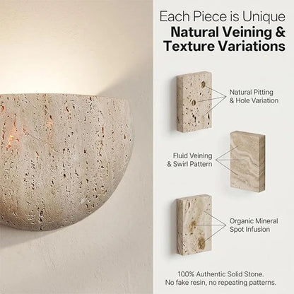 Natural Travertine Wall Lamp LED Semi Circle Wall Sconce Wabi-Sabi Art Wall Lighting For Living Room Dining Room Bedroom Decor