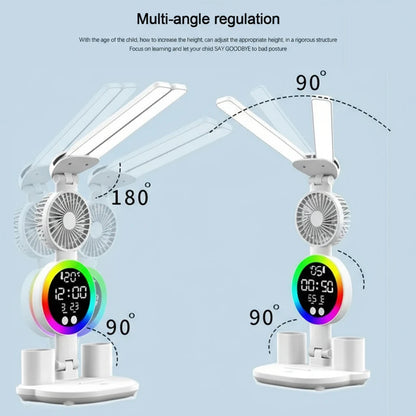 LED Table Lamp with Fan And Clock Display Reading Desk Light for Study Night Light Adjustable Brightness