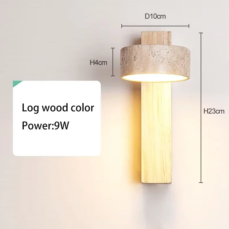 Wabi Sabi Style Natural Yellow Travertine Stone Wall Lamp Rotable With Pull Chain Switch LED Walnut Wood Decor Light for Bedroom