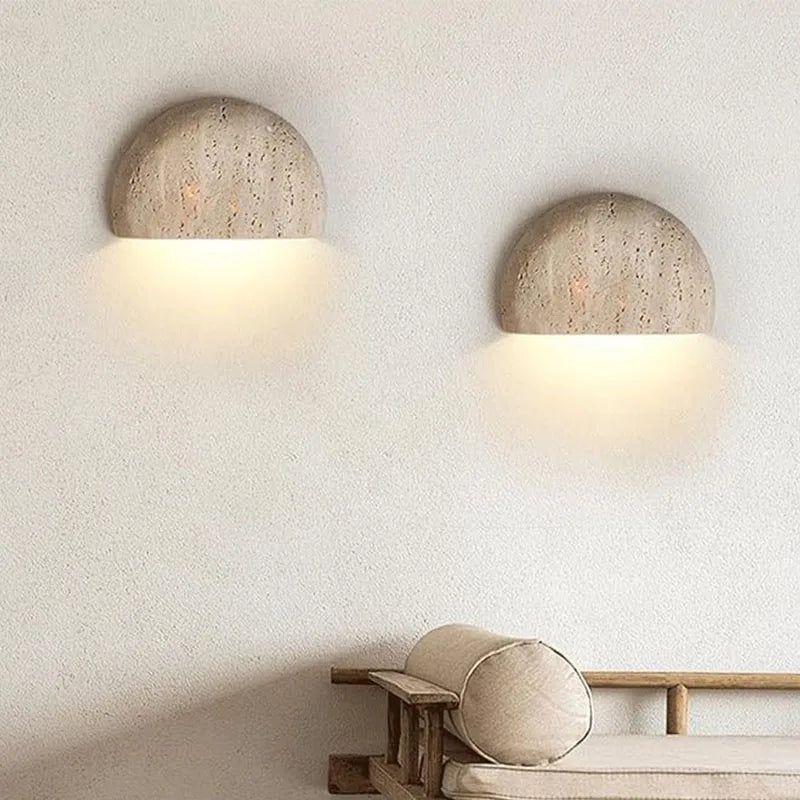 Natural Travertine Wall Lamp LED Semi Circle Wall Sconce Wabi-Sabi Art Wall Lighting For Living Room Dining Room Bedroom Decor